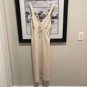 Monteau Los Angeles Linen Blend Midi Dress Size L Neutral Beige Tie Front